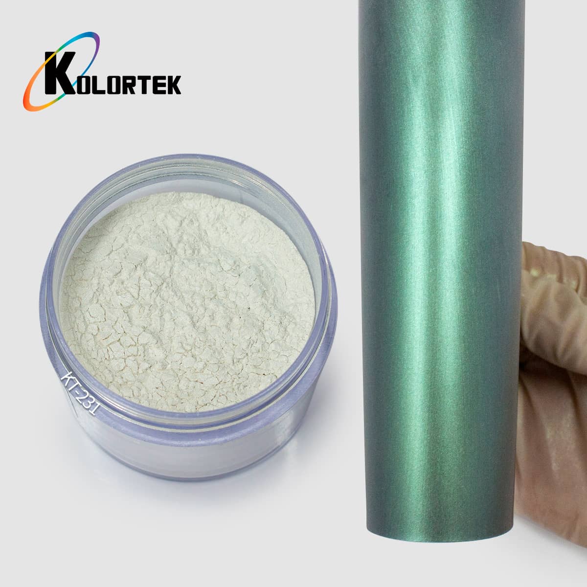 A green interference pigment as supplied and as a cured coating A green interference pigment as supplied and as a cured coating